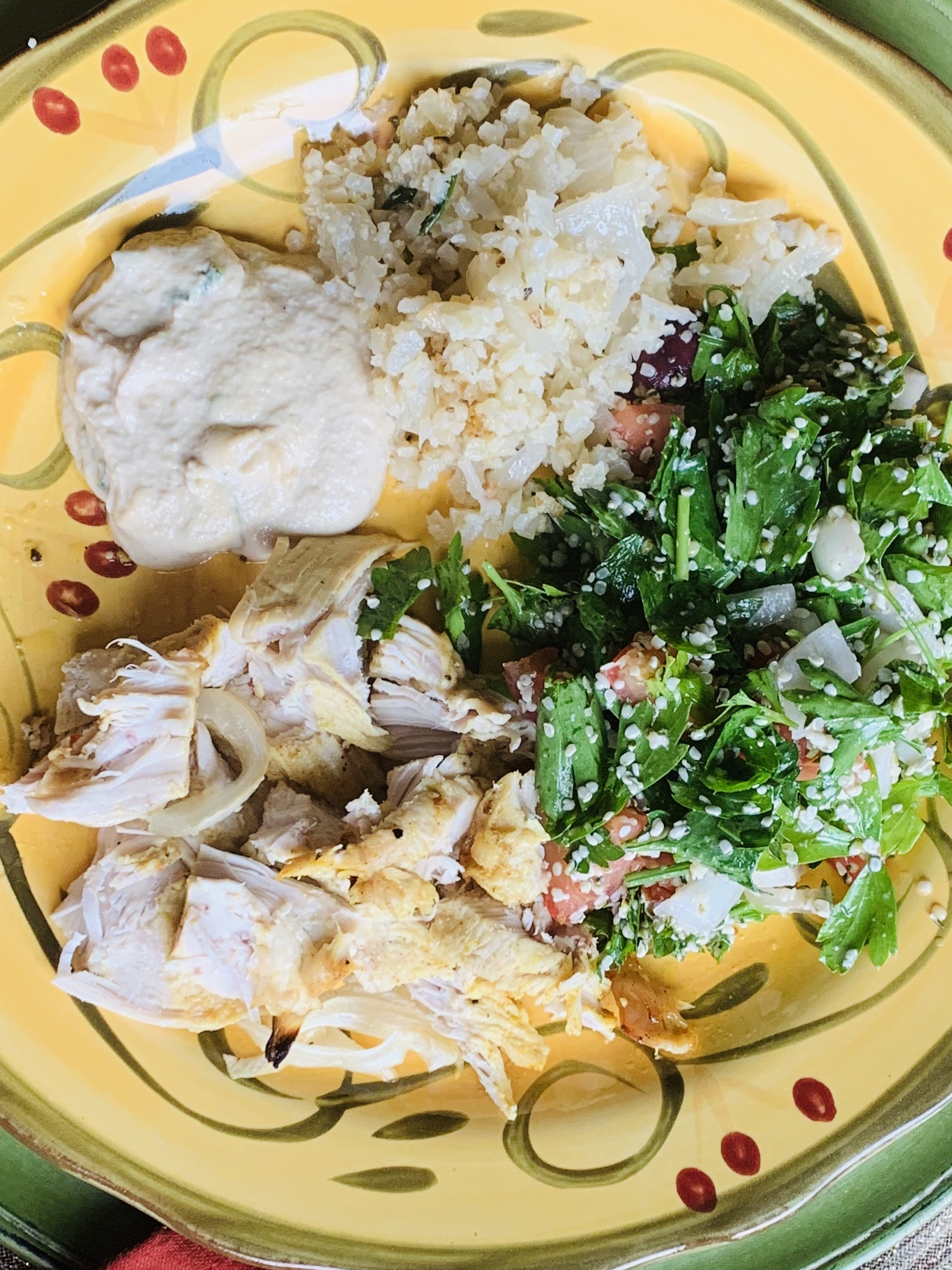 Keto Lebanese Chicken Shawarma with Tahini sauce and Tabouleh salad